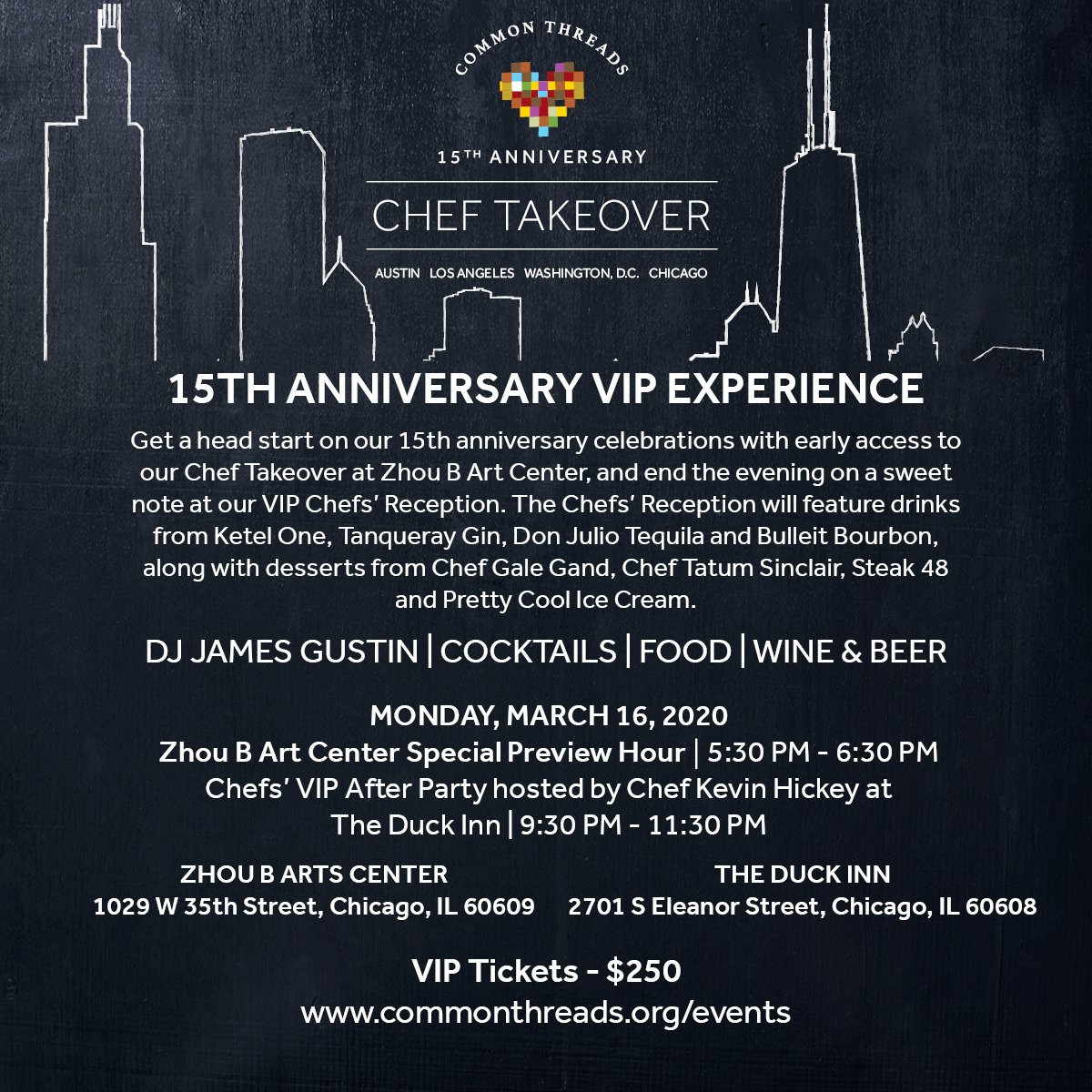 CommonThreadsUS's tweet photo. Experience our 15th Anniversary Chef Takeover as a VIP Guest! Enjoy our early access special preview hour and an exclusive invitation to our Chefs' VIP After Party at The Duck Inn hosted by Chef Kevin Hickey! Get your tickets today at https://t.co/wXoe3c7mWK.
#CookingForLife15 https://t.co/tpW84d93da