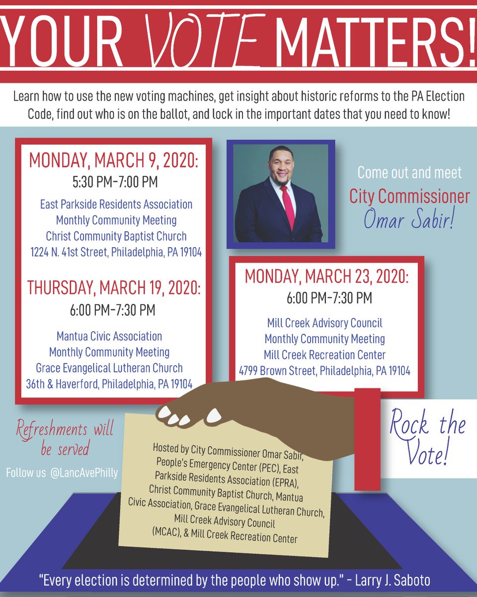 Register to vote by 4/13. 70% of Philadelphians did not vote in the last election! Be an ambassador and get  5 unlikely friends or family members to get out and make sure they vote on 4/28! Machines will be sanitized during the election. Join us later this month with Omar Sabir!