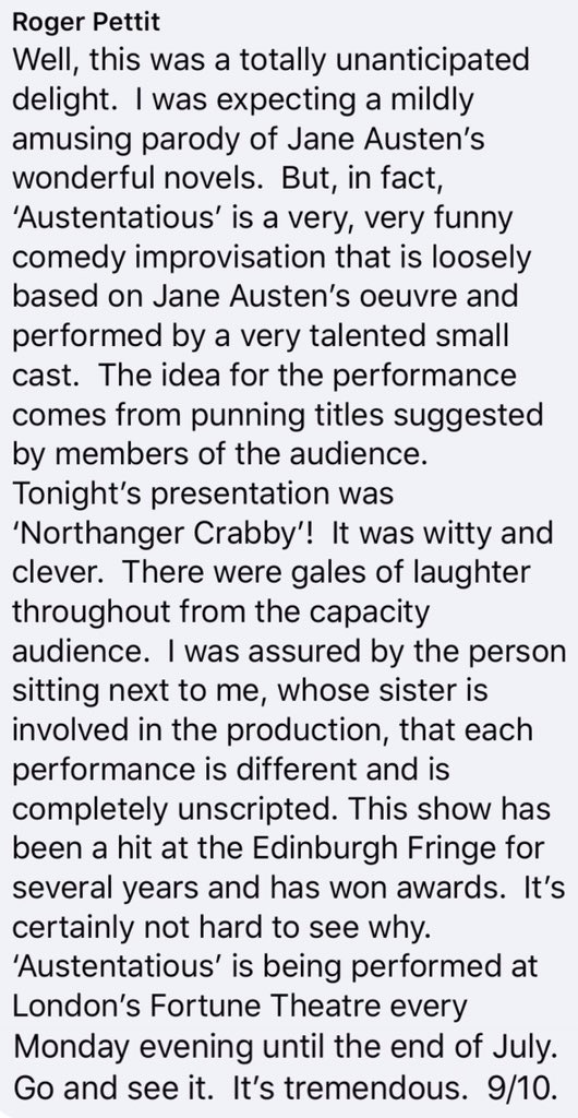 RJP18's tweet photo. Absolutely loved @AustenImpro at London’s Fortune Theatre tonight.  A real tonic performed by a very talented cast.  Go and see it! https://t.co/BvHTvl6grx