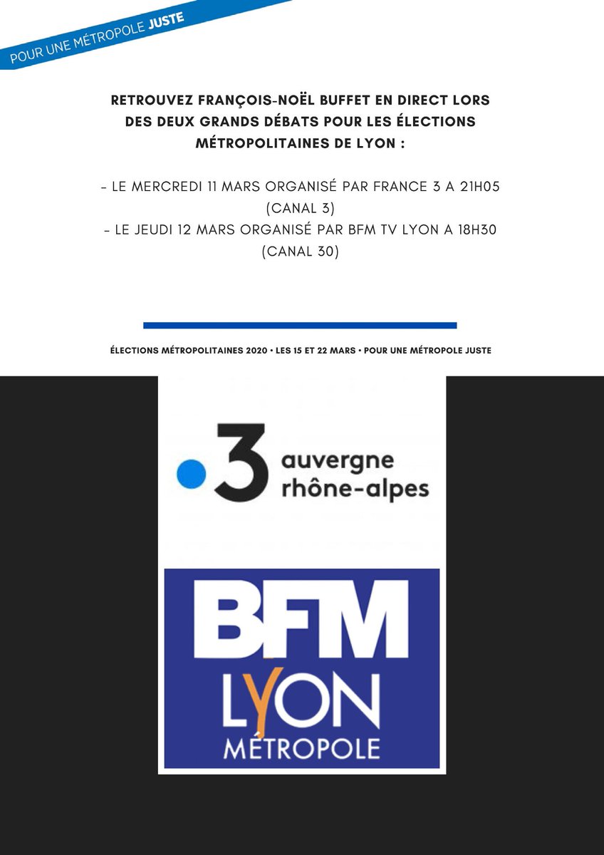 fnb_officiel's tweet photo. À l’approche du premier tour des élections métropolitaines, retrouvez moi en direct ces mercredi 11 mars à 21h05 et jeudi 12 mars à 18h30 sur les plateaux de @France3 et @BFMLyon pour les deux grands débats organisés ! 
#métropole2020 #pourunemétropolejuste #plushumain https://t.co/ZnIHlGRRVH