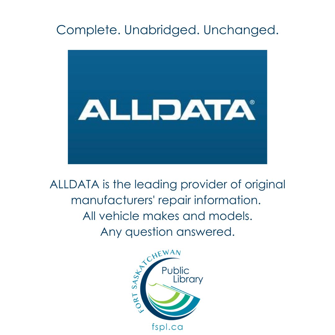 fortsasklibrary's tweet photo. Do you have a question about your vehicle? Come to the library and search @ALLDATA - a database with repair info for all makes and models of vehicles. More details here:
https://t.co/bS0KnS72O5
#FSPL #FortSask #CarTrouble #TryYourself #Search #ALLData #Library #BeyondBooks https://t.co/I2jRinGL6a