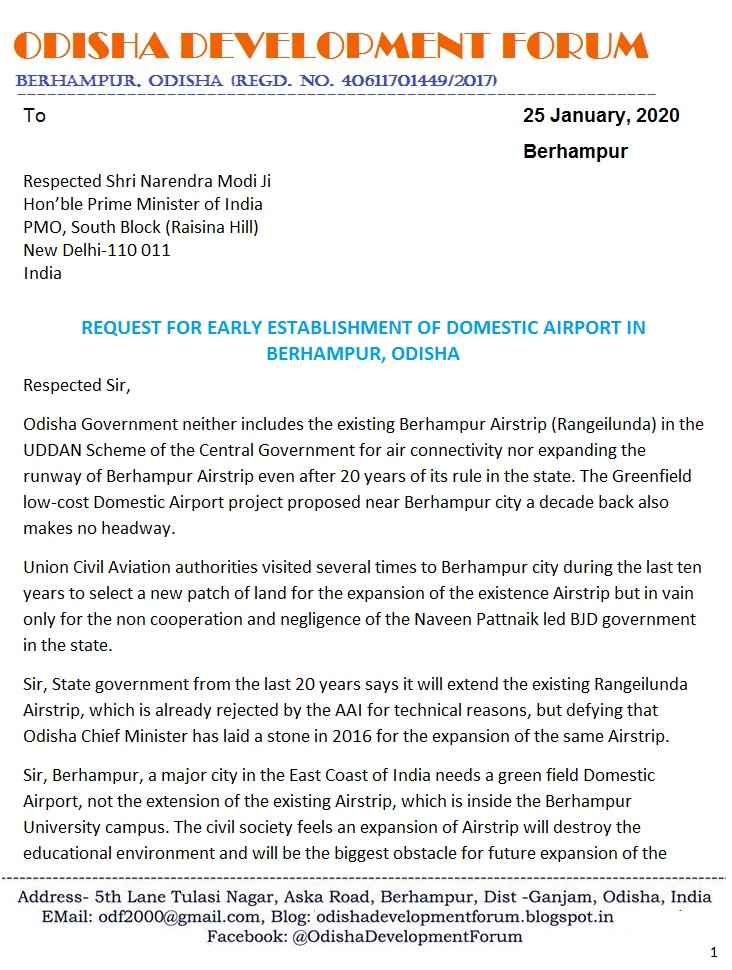 FORUMODISHA's tweet photo. #OdishaDevelopmentForum submitted a memo to PM
@narendramodi for early establishment of #Domestic_Airport in #Brahmapur
Union Minister @dpradhanbjp also forwarded memo & in a letter requested Civil Aviation Minister 4 establishment of Airport
ODF is grateful to him for all help https://t.co/OZCXm7ZIVa