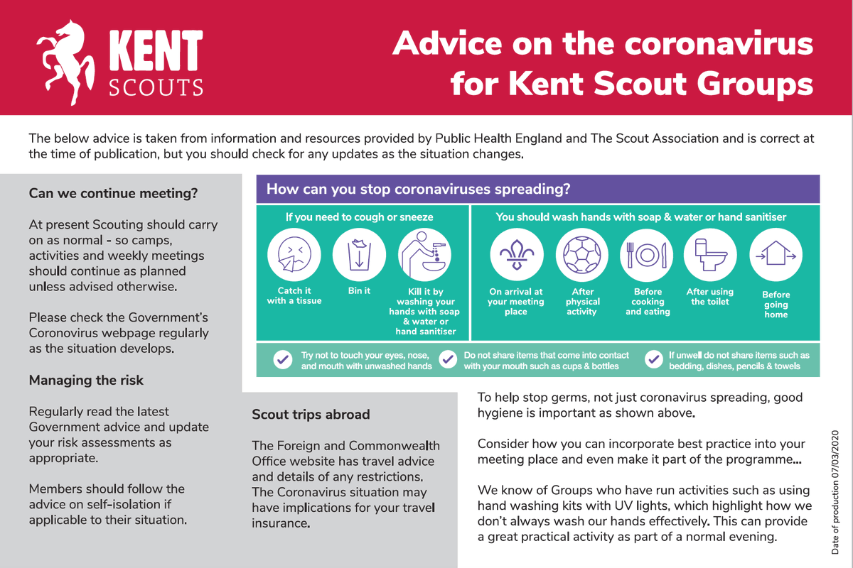 Kentscouts's tweet photo. Kent Scouts recognise that Scouts, leaders, parents, Groups and Districts will be concerned about the possible impact of Coronavirus on weekly meetings and other Scouting events. With this in mind we offer the following advice with regards to Coronavirus and Scouting in Kent. https://t.co/oBl7V3weJi