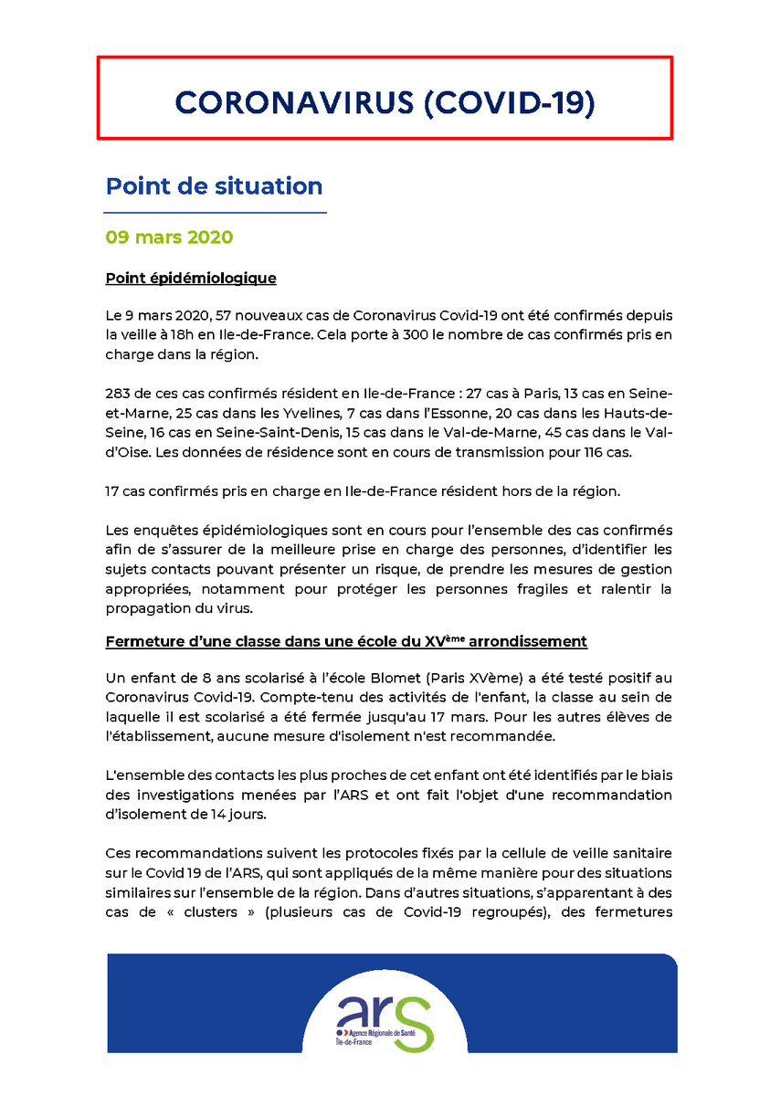 ARS_IDF's tweet photo. #Coronavirus #Covid_19 : point de situation sur le nombre de cas en Île-de-France (09/03/2020). 
Tous les points de situation : https://t.co/nltP0KZFZD https://t.co/R6BQ5ykdxm