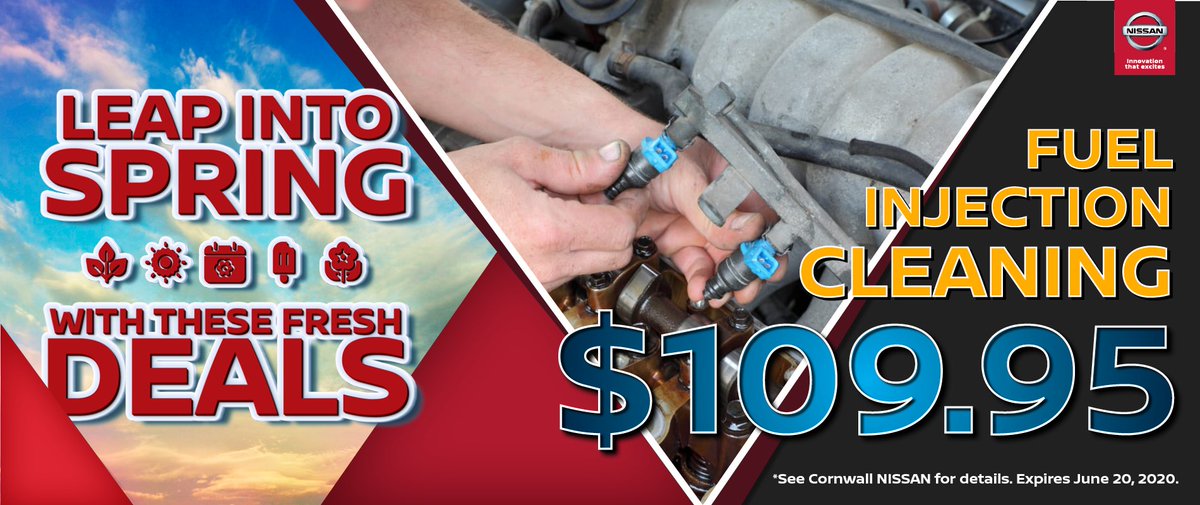 CornwallNissan's tweet photo. Cornwall #NISSAN - #LeapIntoSPRING with these fresh #service deals. #GenuineNissanParts $109.95 FUEL INJECTION CLEANING* @CornwallNissan #NissanCanada #NissanMotor https://t.co/3MjLROvudV https://t.co/TZBRE1SrEl