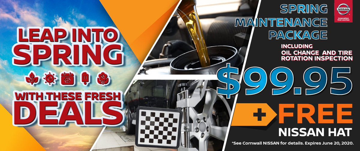 CornwallNissan's tweet photo. Cornwall #NISSAN - #LeapIntoSPRING with these fresh #service deals. #GenuineNissanParts SPRING MAINTENANCE PACKAGE including oil change and tire rotation, inspection. $99.95 + FREE NISSAN HAT* @CornwallNissan #NissanCanada #NissanMotor https://t.co/lZbcjHvYX0 https://t.co/Lz6BkixVf5