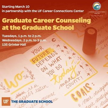 Graduate Career Counseling: Starting March 10, 2020, get graduate student career counseling and job hunting advice at the UF Graduate School, 1 to 2 p.m. Tuesdays and 2 to 3 p.m. Wednesdays in 135 Grinter Hall.