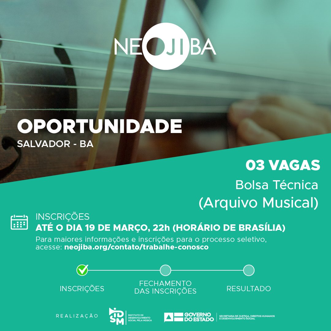 NEOJIBA's tweet photo. Venha fazer parte do programa #NEOJIBA! Estamos com processo seletivo para Bolsa Técnica (Arquivo Musical), em Salvador😁

Consulte a convocatória e como se candidatar à vaga no nosso site. Boa sorte🍀
⠀
https://t.co/vj5iZqOXy9
⠀
#IDSM #SJDHDS #IssoÉJustiçaSocial #Vagas https://t.co/m8p8yU1mC9