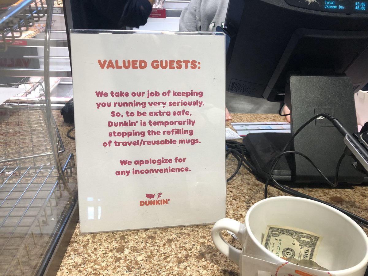 Coffee shops have stopped refilling reusable cups in an attempt to prevent the spread of the coronavirus. UNH student and Aroma Joes barista, Kate M., confirmed this, though AJ’s doesn’t have a sign posted. Dunkin Donuts, on the other hand, has posted a sign. @Journalism_UNH