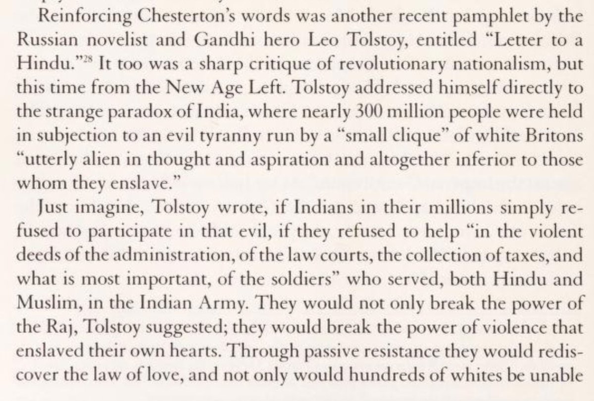 Read this carefully now. What truly formed Gandhi's views were famous thinkers like Tolstoy. The idea of "unlearning" modernity was given by Tolstoy to Hindus. Gandhi loved this. Why? He hated europeans so much now, he wanted to distance India from EVERYTHING modern.
