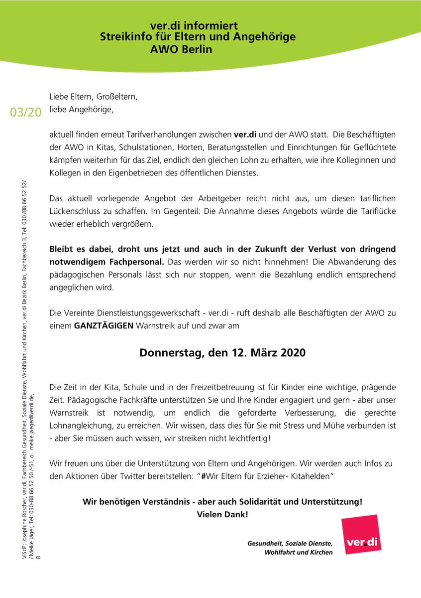 Hier die aktuelle Info zum Warnstreik der #AWO-Beschäftigten am Donnerstag. #100prozenttarif #awobleibtdasgeld