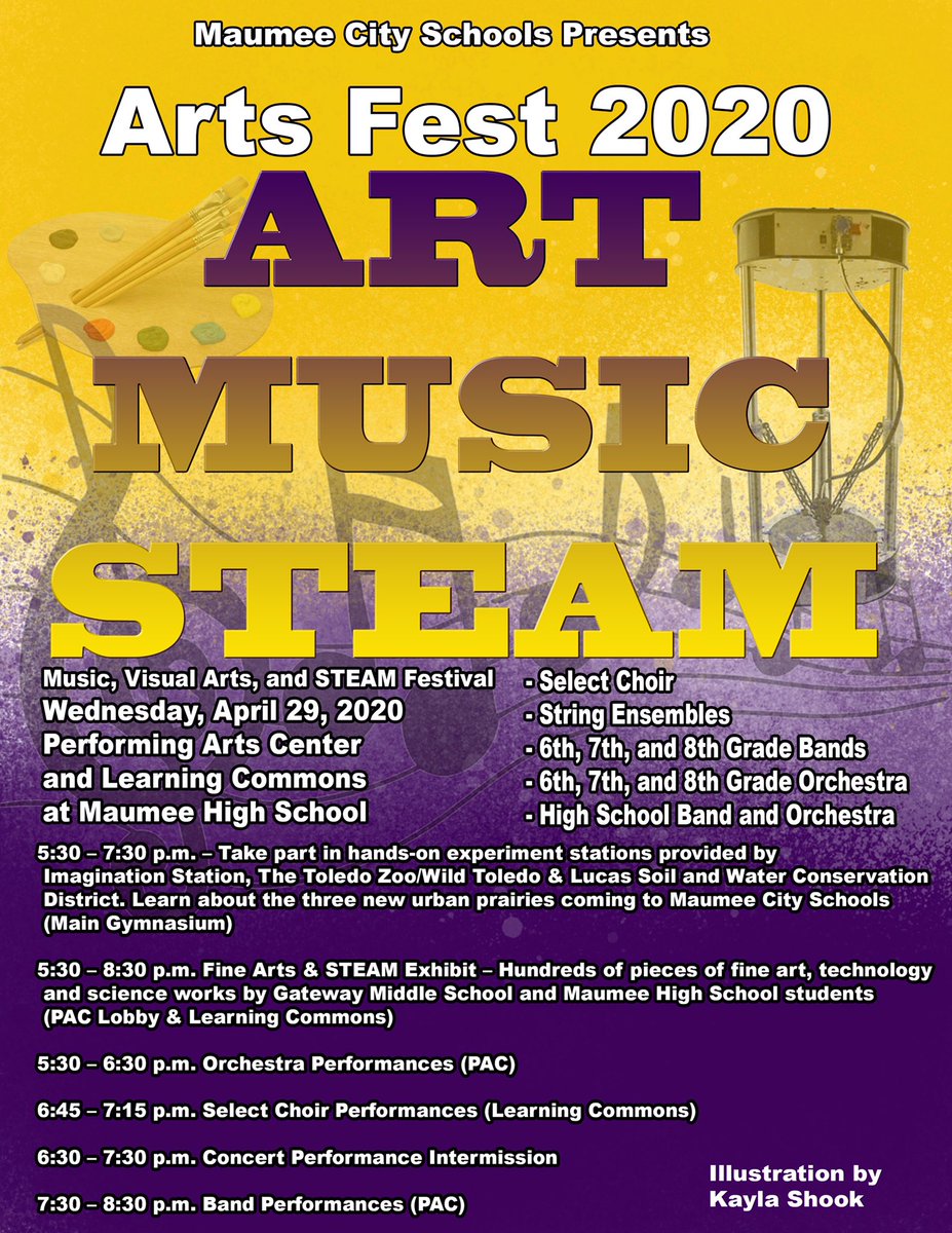 Put this one in your calendars now - this is always an exciting evening at <a href="/MaumeeHS/">Maumee High School</a> featuring visual arts, tech, and lots of music!  Orchestras (Gr. 6-12) will perform at 5:30pm!!! @MaumeeMob <a href="/MaumeeBands/">Maumee Bands</a> <a href="/maumee_schools/">Maumee City Schools</a> <a href="/MaumeeHSDrama/">Panther Productions</a>