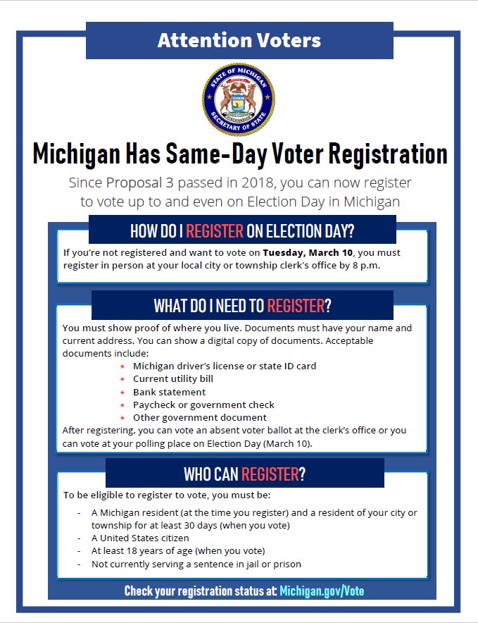 Michigan Department Of State On Twitter Michiganders Have Up To 8 P M On Election Day To Register To Vote What You Need To Know