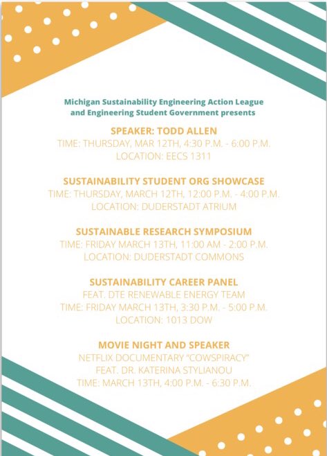 UMichESG's tweet photo. ESG will be helping with many cool sustainability events across North Campus to celebrate Earth Day 50 this week! Check out as many as you can, especially our movie night and speaker which will conclude the week's events and feature a make your own trail mix bar! https://t.co/eko9uFLrDj