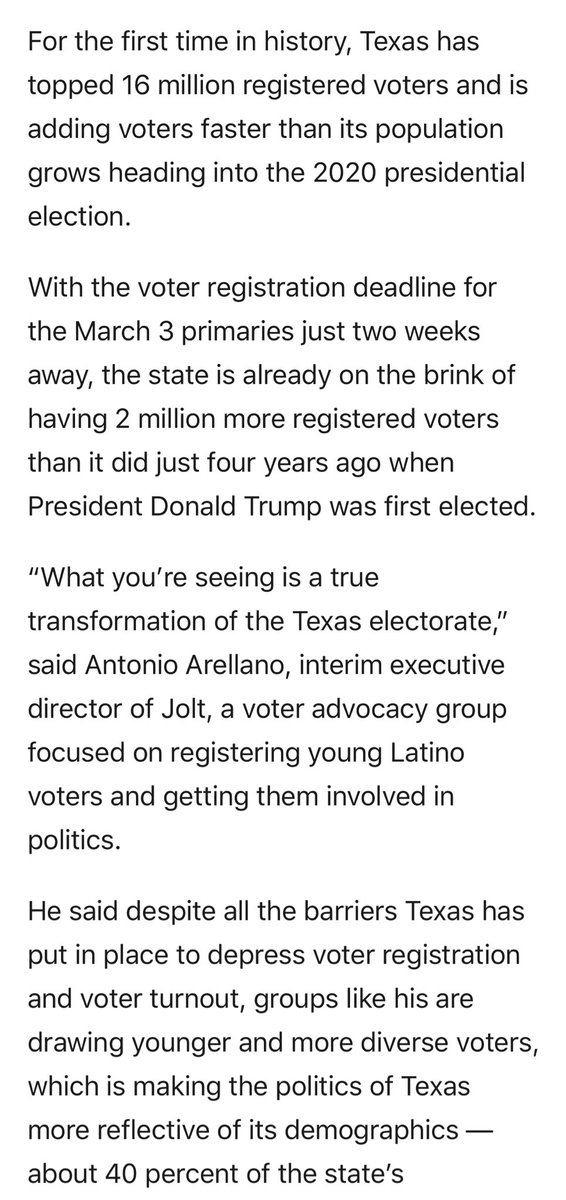 The good news is that despite our chronically crappy voter turnout in recent times, Texas just reached a record breaking 16 million registered voters, 1 million of which have been registered since Beto ran for Senate in 2018 (he only lost by 219K).   https://www.houstonchronicle.com/politics/texas/article/Texas-tops-16M-voters-as-registration-deadline-14990642.php