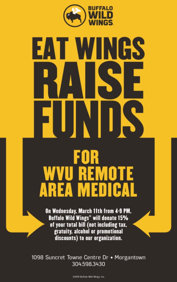 wvuram's tweet photo. Like wings and fundraising? Then head out to Buffalo Wild Wings Wednesday for our fundraiser! When you go just remember to show them this flyer! https://t.co/08noDijfwH