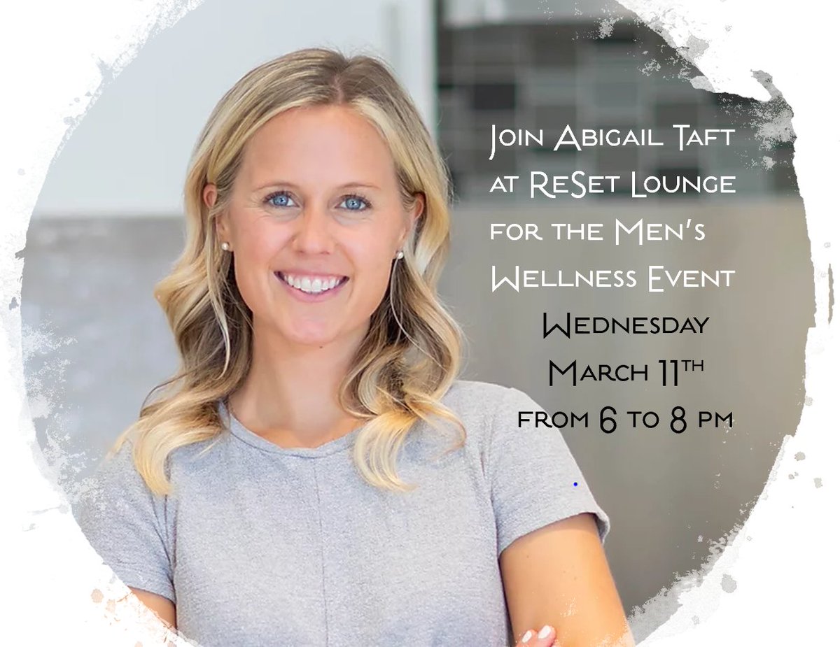 TheResetLounge's tweet photo. Hello Fellas! Want to learn more about nutrition and wellness without your lady poking you in the ribs?  Come to @theresetlounge on March 11th for a men's only event with nutritionist Abigail Taft!  Bring your questions!

https://t.co/5tTW0SStxZ https://t.co/UeCLDYy5LS