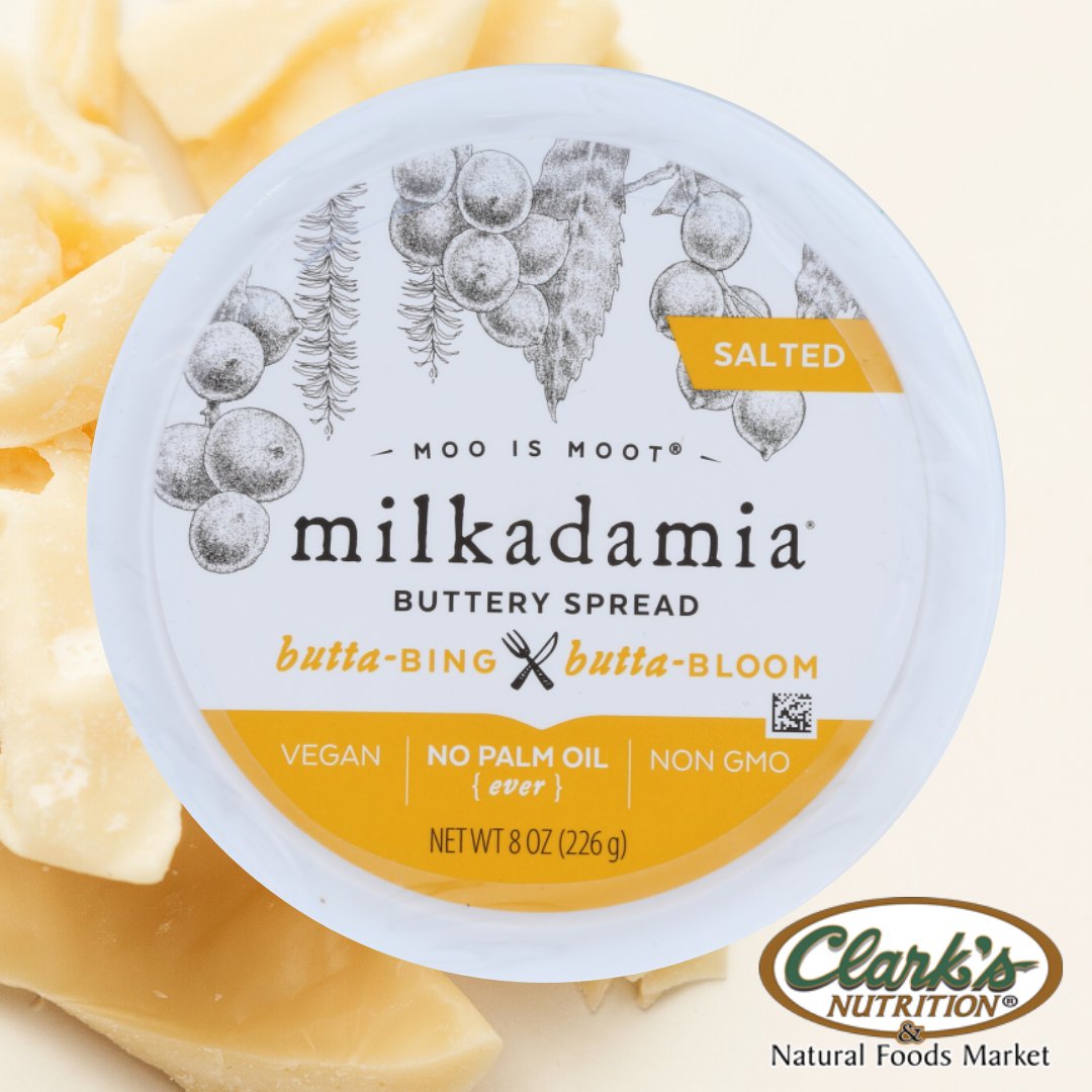 clarksnutrition's tweet photo. Do you love macadamia nuts? We have the perfect buttery spread for you. @milkadamia salted butter spread has no palm oil and is non-gmo! Try it today at Clark's Nutrition!

#vegan #nopalmoil #healthy #clarksnutrition #inlandempire https://t.co/etcKySiAwC