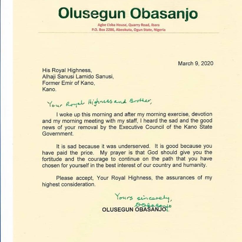 DeleMomodu's tweet photo. Former PRESIDENT OLUSEGUN OKIKIOLAKAN AREMU OBASANJO congratulates deposed EMIR SANUSI... https://t.co/VCA6XqnzJo