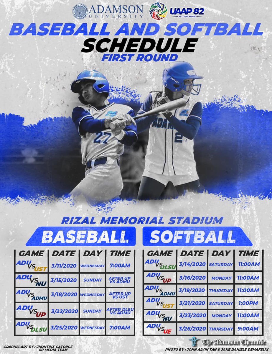 adamson_u's tweet photo. UAAP 82 Baseball and Softball Schedules.
Let’s support our Falcon batters as they #SoarForMore this season!
Unawakanahimo! Laban Adamson! https://t.co/6Vw1a38Orc