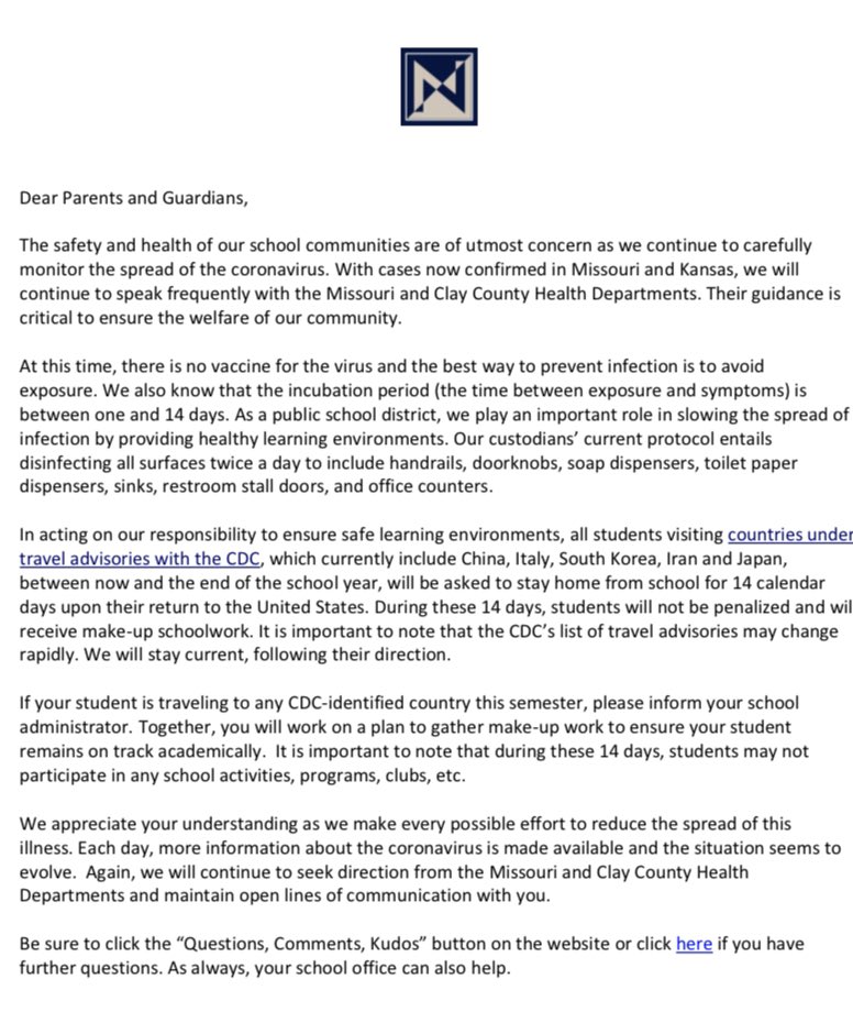 In case you missed it or haven’t seen it, the <a href="/NKCSchools/">NKC Schools</a> letter sent out to parents, teachers &amp; staff yesterday concerning possible travel plans for next weeks #NKCSpringBreak. I’ve also included a link to the district #coronavirus #COVID19 Action Plan. nkcschools.org/cms/lib/MO4900…