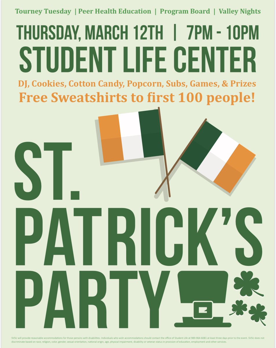 SVSUProgBoard's tweet photo. 🍀🍀 Come by student lif this Thursday for a chance to win prizes playing games and have a good time with your friends!! 🍀🍀🍀🍀🍀 #getonboard #programboard #svsu https://t.co/pBnbQh3N7X