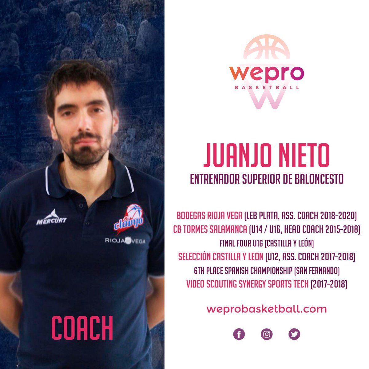 weprobasketball's tweet photo. 🔥Juanjo Nieto, se incorpora al STAFF de #WePro2k20!!⠀
📊Assistant coach @CBCLAVIJO
📊Head Coach @CBTormes U16⠀
📊Assistant coach Selección Castilla León⠀
#welove #welife #wepro https://t.co/QW0OzKkci8