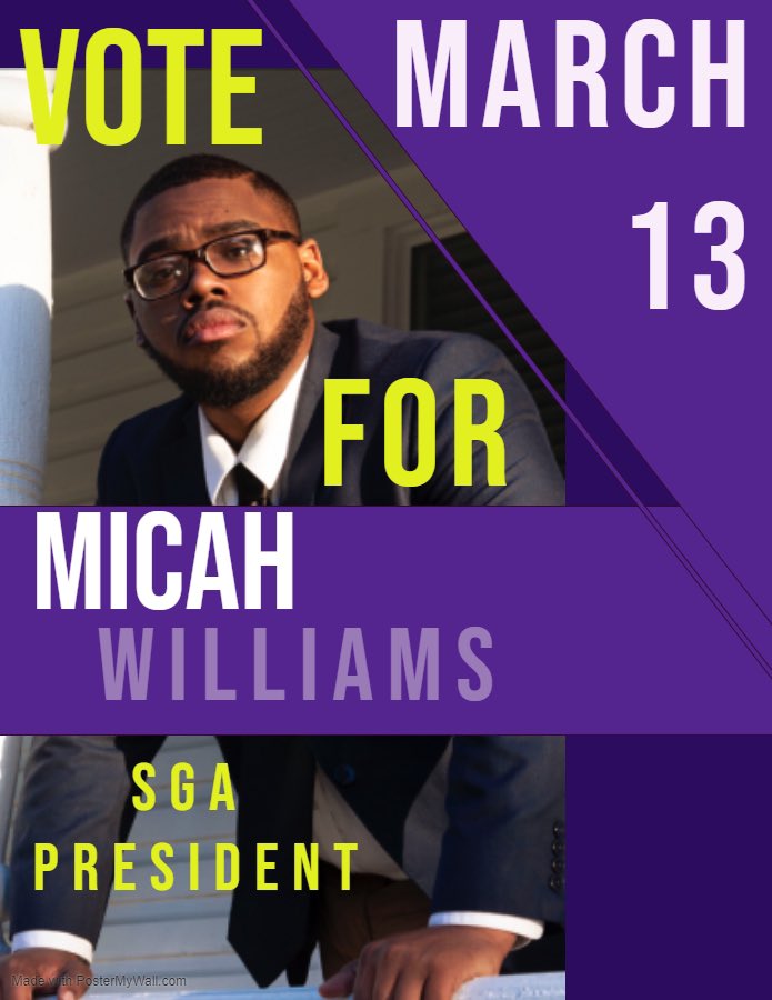MicahTalkative's tweet photo. I’m proud 😌to announce🗣🗣🗣 my candidacy for Student Government Association President💛💜. I want to inspire students to be active, 😤to mold their futures and not be nonparticipating viewers‼️ I can do it. You can help.🙏🏾
#wileyelections2020
#wiley_rys20 https://t.co/kYJzAwt1R8