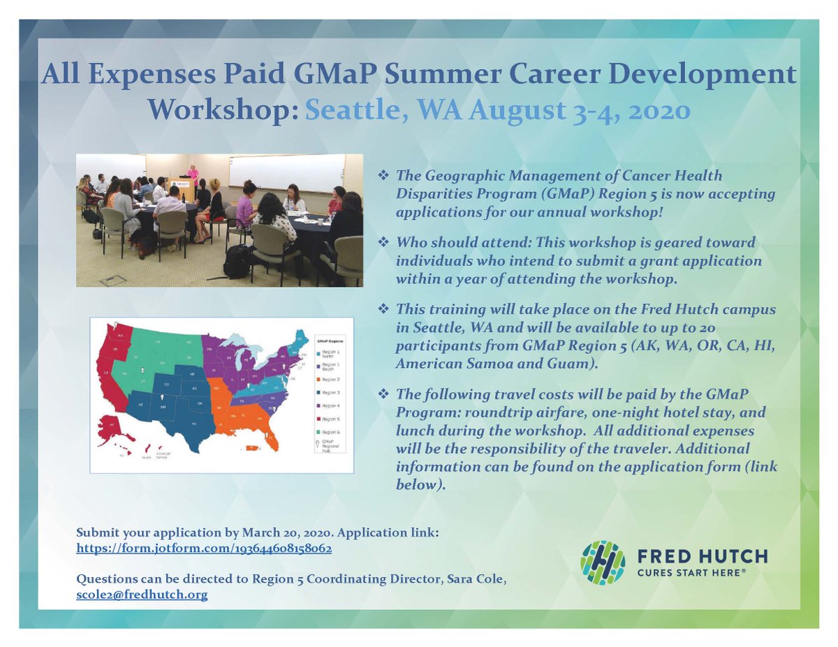 Apply now!! All-expenses paid GMaP Career Development Workshop for cancer and cancer health disparities researchers in WA, OR, CA, HI, AK, American Samoa and Guam! Application link: shorturl.at/avxAC     #CancerResearch #WorkforceDiversity #HeathEquity #AcademicTwitter