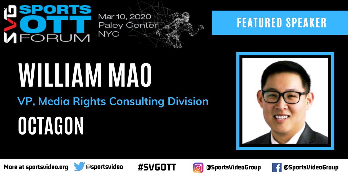 TheWilliamMao's tweet photo. Look forward to discussing the #OTT arms race and the evolving media landscape w/ @SVG_Brandon to kick off @sportsvideo #SVGOTT tmrw! If you'll be at @paleycenter, let's catch up! https://t.co/a0nENKwRze
#sportsmedia #sportsbusiness #digitalcontent #myoctagon https://t.co/jJFNGzen4f