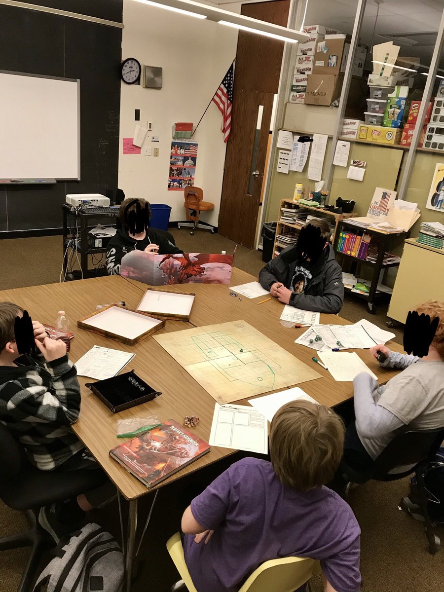 lizfavtastic's tweet photo. Monday means club day! Our DMs are hard at work spinning tales and our players are using everything at their disposable to survive until next week! #dnd #middleschoolclub #lovemyjob https://t.co/LYPlFygf92