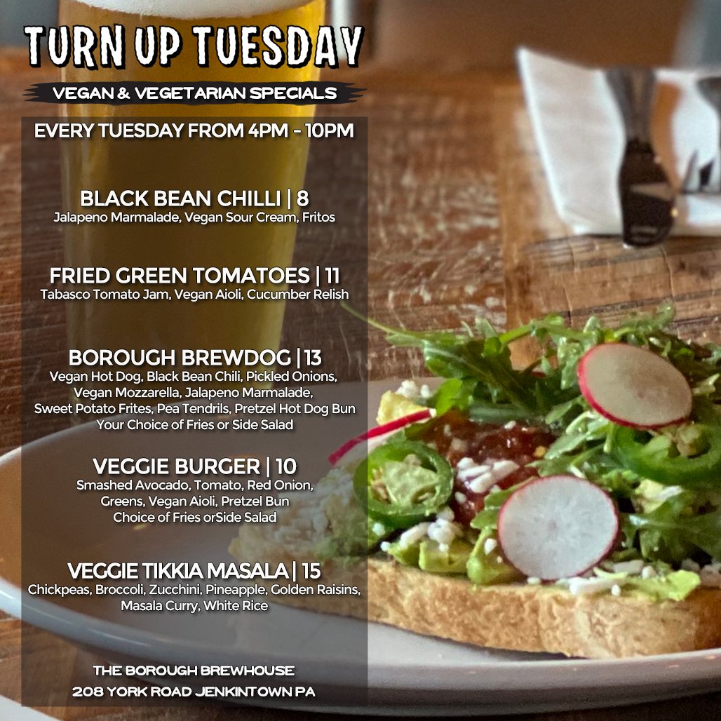 BoroughBrew's tweet image. Chef Andy's Vegan Specials are on every Tuesday Night at The Brewhouse from 4PM to 10PM! Check out those Vegan Hotdogs on a Pretzel Bun! 🍽️