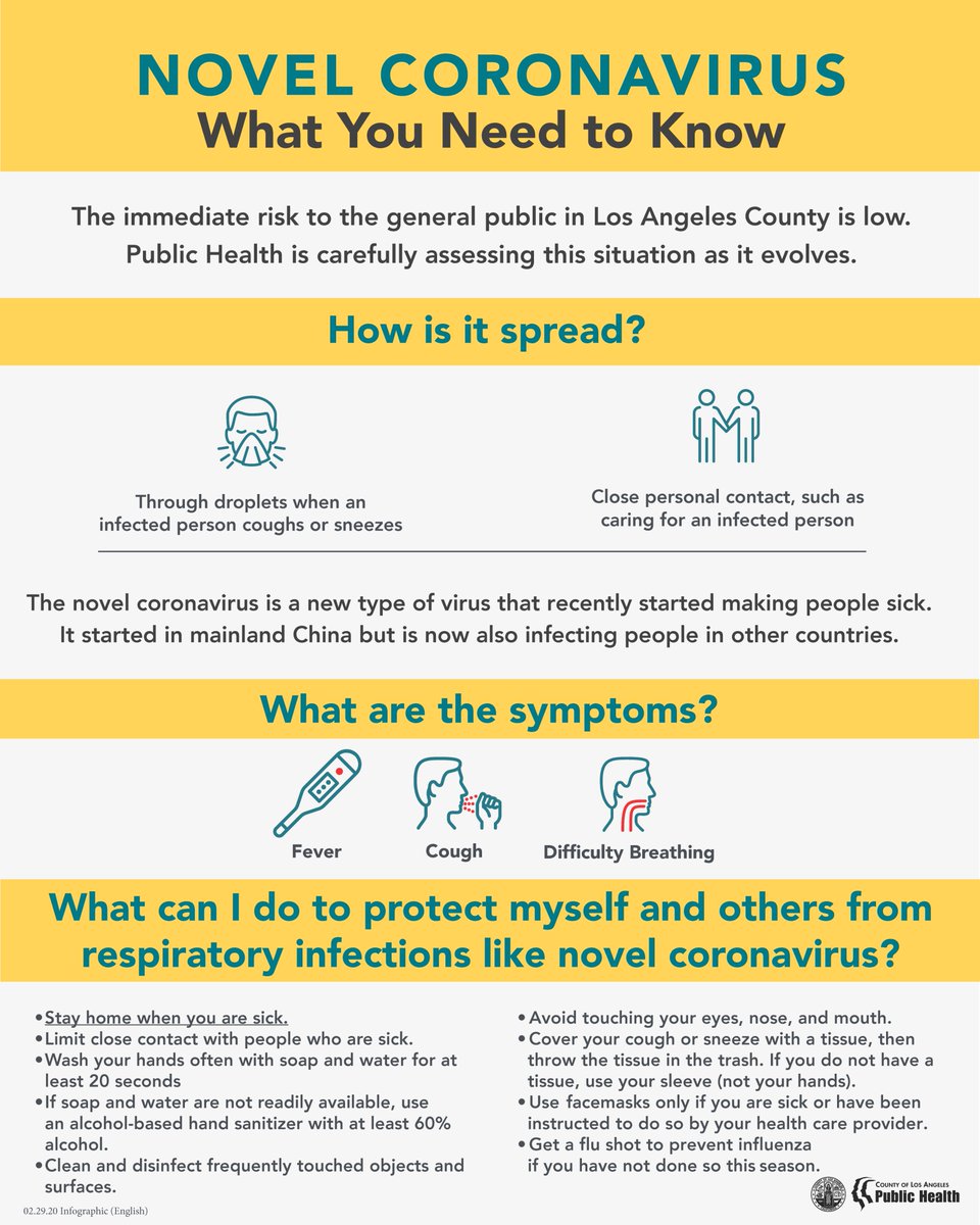 Stay informed! Here’s what you need to know about novel #coronavirus (COVID-19) and ways you can keep yourself and your family healthy. Courtesy of <a href="/lapublichealth/">LA Public Health</a>