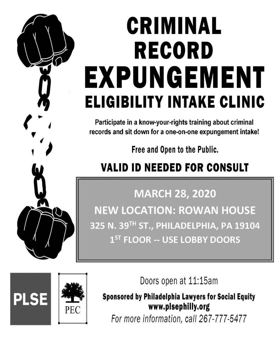 If you missed February's criminal record workshop and clinic with Philadelphia Lawyers for Social Equity, come see us in March.  New location! 325 N. 39th Street.  For more West Philly programs, visit pec-cares.org/community.html