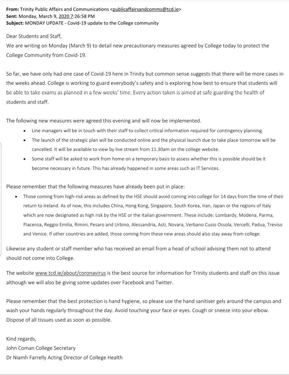 Trinity College Dublin (@tcddublin) on Twitter photo Update for students and staff at
7.30pm 9 MARCH on #COVIDー19 situation <a href="/tcddublin/">Trinity College Dublin</a> about campus operations and travel this week. Please monitor emails and central social media channels for further updates. #Coronavirusireland
More information at tcd.ie/about/coronavi… Update for students and staff at
7.30pm 9 MARCH on #COVIDー19 situation <a href="/tcddublin/">Trinity College Dublin</a> about campus operations and travel this week. Please monitor emails and central social media channels for further updates. #Coronavirusireland
More information at tcd.ie/about/coronavi…