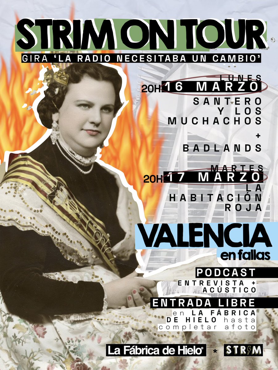 strim_com's tweet photo. S O R P R E S A ! 🔥 Nos hace mucha ilusión anunciar nuestros primeros eventos fuera de Madrid... ¡en las Fallas de Valencia!

1️⃣ lunes, 16 de marzo
✓ @SanteroyM + @badlandsoficial 

2️⃣ martes, 17 de marzo
✓ @lahabitacionroj

📍 @LaFabricaDHielo
🎟 ENTRADA LIBRE | 20h https://t.co/vT1B9l2oHU