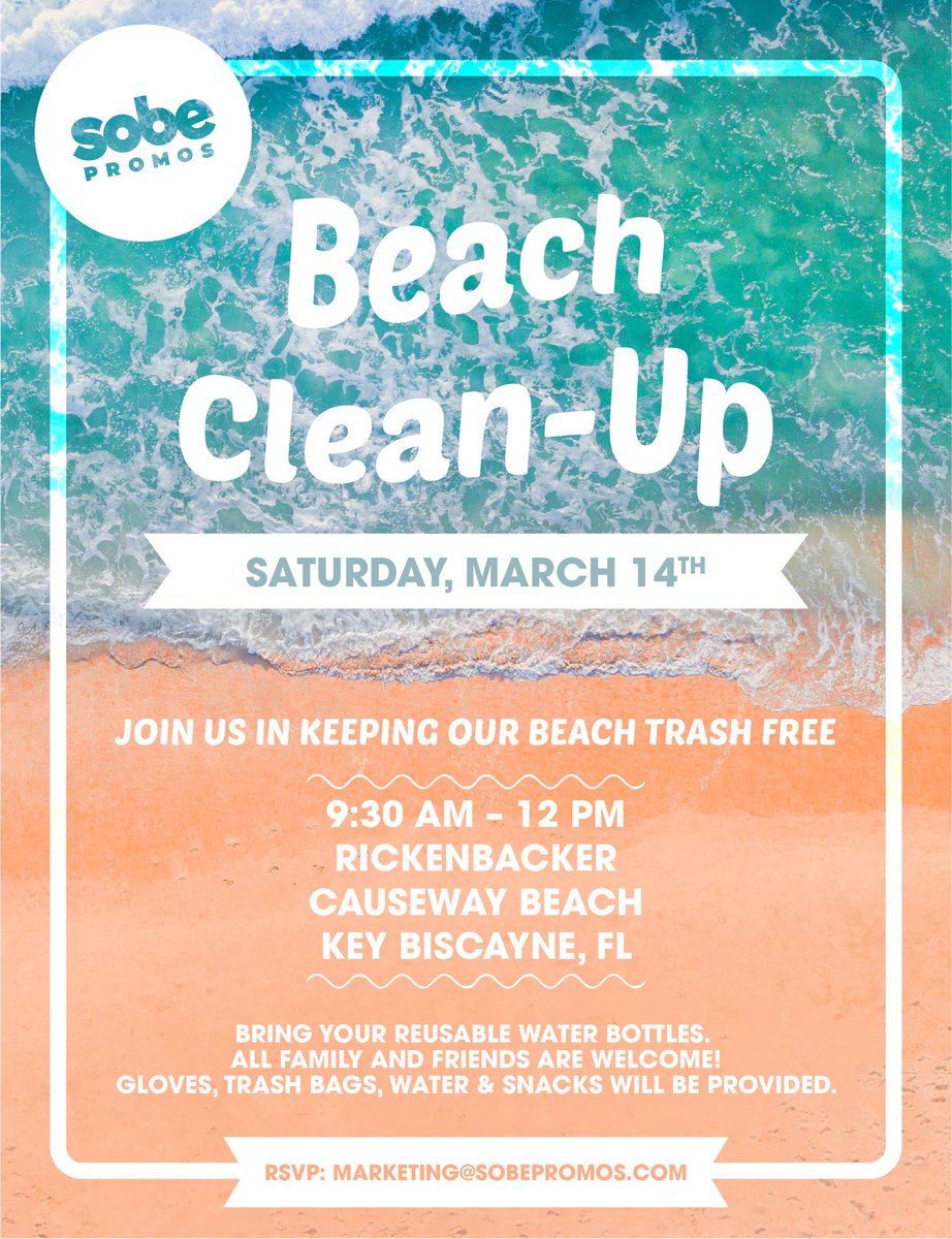 Join us this Saturday for the Sobe Promos #BeachCleanUp! @sobepromos is an awesome #promotionalmarketing company that is run by even better people! Email marketing@sobepromos.com for more info!
@MiamiDadeCounty @KBChamber 
@ONLYinDADE @MiamiHerald 
#RickenbackerCauseway #Miami