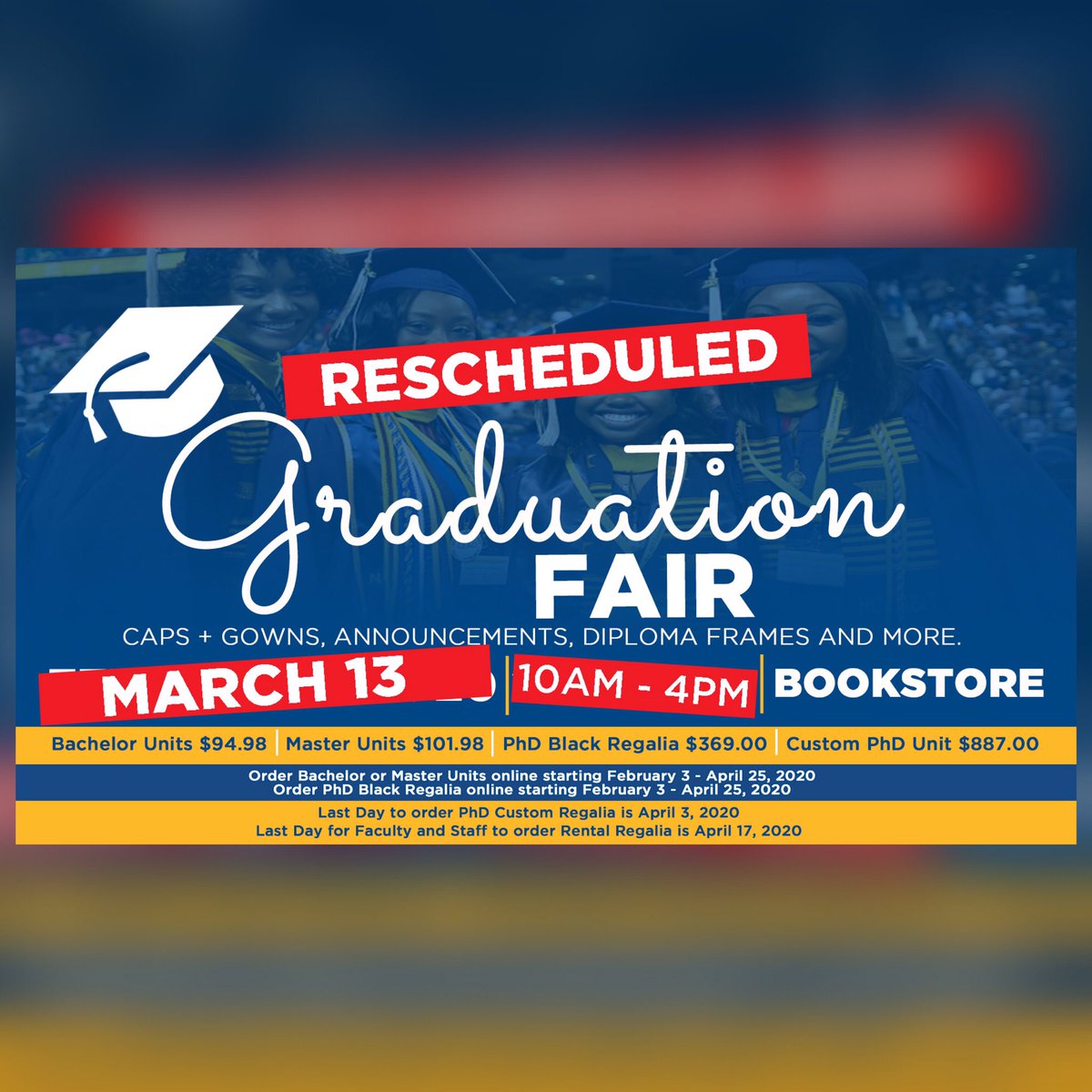 ncatcampusent's tweet photo. 🚨ATTENTION, AGGIES!🚨 Due to last month’s inclement weather, the #ncat Graduation Fair🎓 has been rescheduled for this Friday, March 13 at the @ncatbookstore . Now YOU have one more chance at caps &amp; gowns, photos, class ring orders and MORE! #GetConnected #aggiesdo https://t.co/EtkQWo7jTk