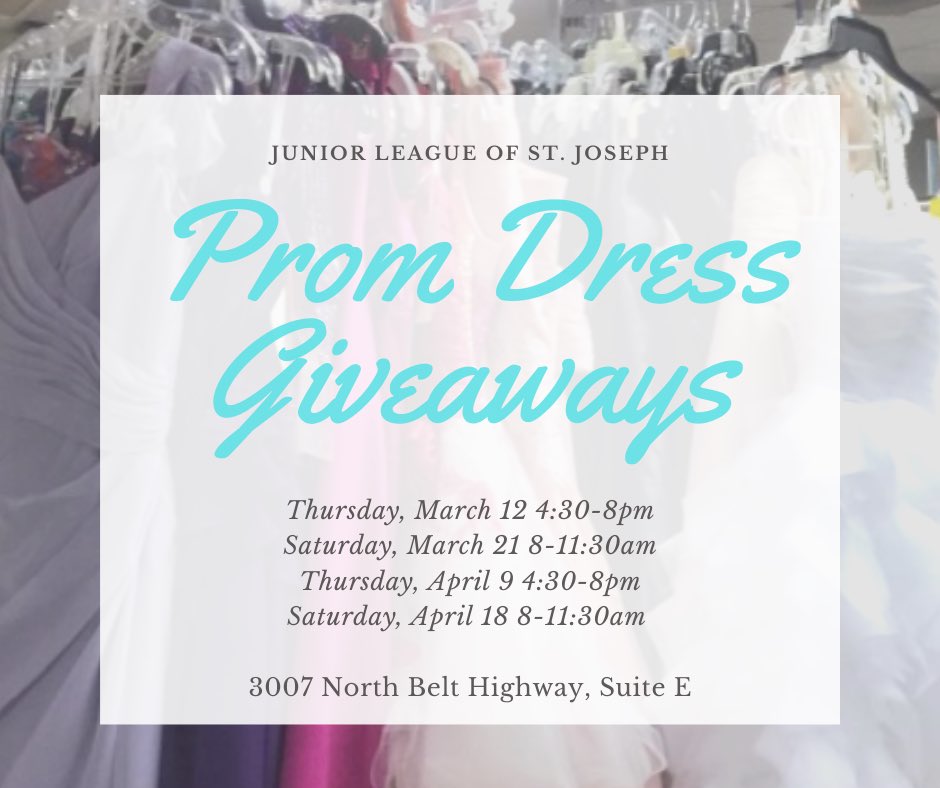 MsEWearing's tweet photo. Hard to believe prom is right around the corner! The first 2020 prom dress giveaway is this Thursday with three more to follow. St. Joseph Junior Leaguers would love to help area girls find their dream dress for prom! https://t.co/9kZLJgnrv8