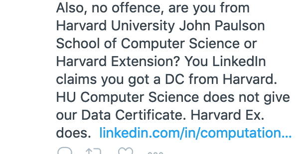 harvardextended's tweet photo. Harvard Extension School alums &amp; students: Completing a degree program is something to be PROUD of. 

Moreover, when people start hiding behind "Harvard University" there is a risk of a negative reaction &amp; questions about integrity. #HarvardExt https://t.co/aFu2WgLLMq
