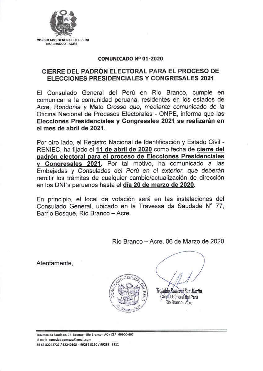 consuladoperuac's tweet photo. COMUNICADO Nº 01-2020

CIERRE DEL PADRÓN ELECTORAL PARA EL PROCESO DE ELECCIONES PRESIDENCIALES Y CONGRESALES 2021 https://t.co/lyBqaiPiOO