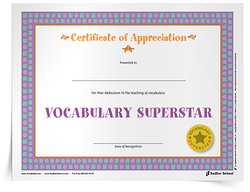 "Vocabulary Superstar certificate of appreciation" text on an image of an award certificate.