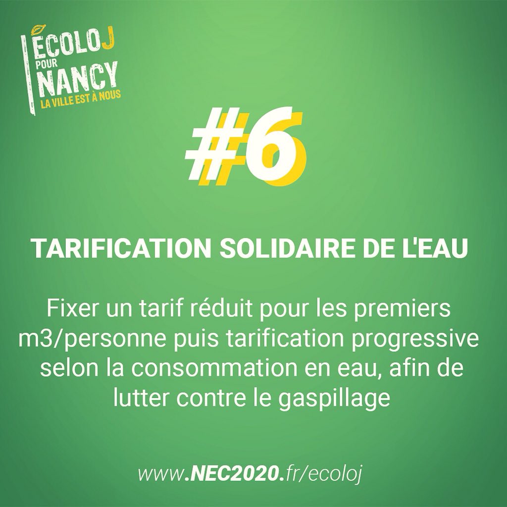 EcoloJNancy's tweet photo. TARIFICATION SOLIDAIRE DE L’EAU : 

💧Parce que l’accès à l’eau doit être un droit sans oublier qu’il s’agit d’un bien précieux 🤲

👉Premiers m3/pers nécessaire à la vie à tarif réduit puis progressif selon la consommation #AntiGaspi

#MunicipalesNancy #Municipales2020 #Nancy https://t.co/g6lidxhFA9