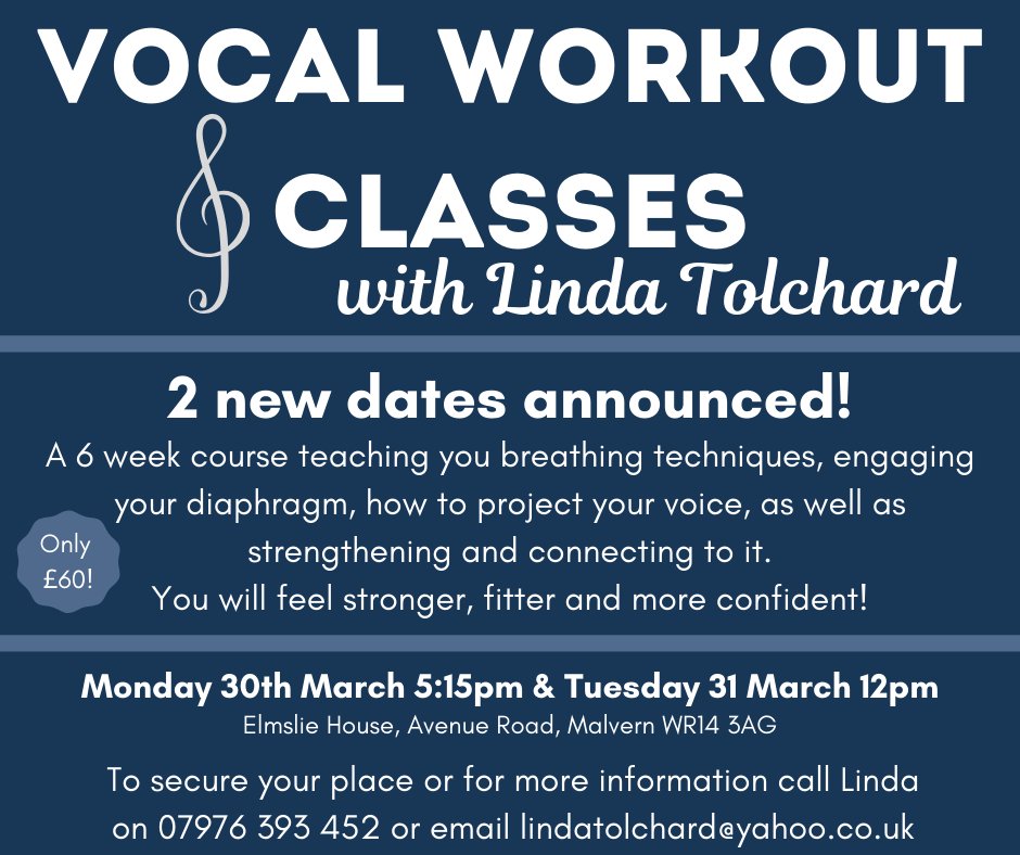 LindaTolchard's tweet photo. I am holding a 6 week vocal workout course at the end of the month. Join me either on Monday afternoons or Tuesday lunchtimes at @elmsliehouse in Malvern. No experience necessary I will teach you the skills to sing with confidence! #WorcestershireHour https://t.co/ZCiZg5pMID