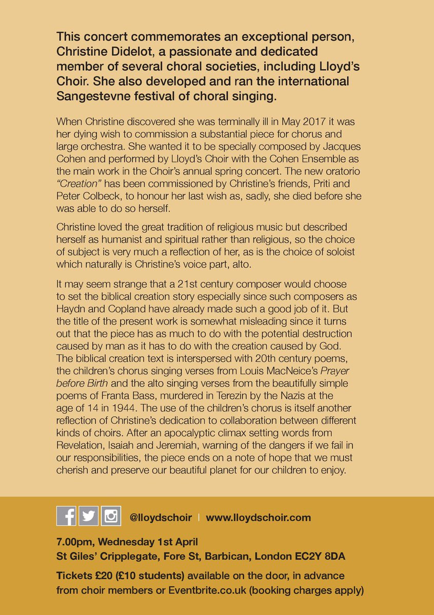 LloydsChoir's tweet photo. Some more information on a very special piece we will be performing at our Spring Concert, in memory of our late member, Christine Didelot. https://t.co/w2FFcTpGme