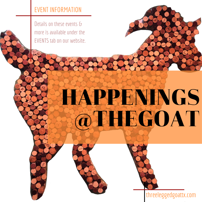 3lgtx's tweet photo. Mar 10 Happy Hour 7-10p
Mar 11 Girls Night at The Goat 4-10p
Mar 12 Open Mic Night 7-10p
Mar 13 Holly Hayes 6:30p | Craig Marshall 8-11p
Mar 14 TBD 6:30p | Frankly Sinatra 8-11p
Mar 15 St Joan of Arc 9:30a | Kindalini Yoga with Leilani 11:30a https://t.co/jetAN34Hjf
