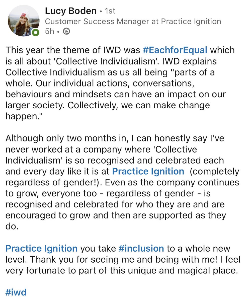 KJHarvs's tweet photo. Great post from @ignition_lucy on LinkedIn around this year’s theme of #IWD2020 and how we’re really seeing this shine through at Practice Ignition. I couldn’t agree more with you girl! #EachforEqual https://t.co/YCEx2fyulP