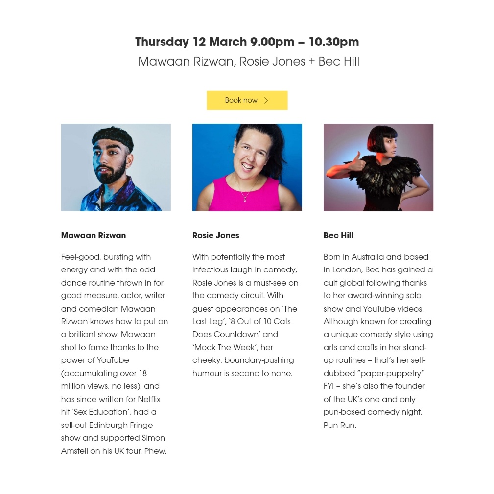 bechillcomedian's tweet photo. A selection of the fantastic gigs you can catch me at this month!

March 12: @Selfridges
March 18: @wearemrthing
March 21: @globalpillage
March 21: @mouthisbig
March 25: Werewolf: Live
March 26: @DesignSparkRS 

Get your tickets at https://t.co/gAbWhyuXqZ! https://t.co/V7iu09oHdG