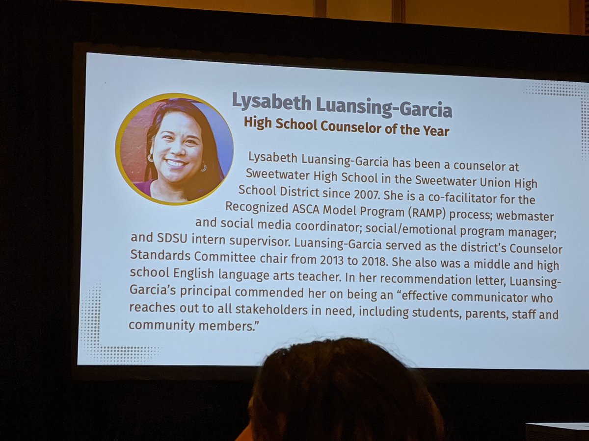 Congratulations to the SDCOE School Counselor of the Year, Lysabeth Luansing-Garcia! We are very proud of you!! #myrolemodel #sdcounselors #suhsd @LovelyLysa
