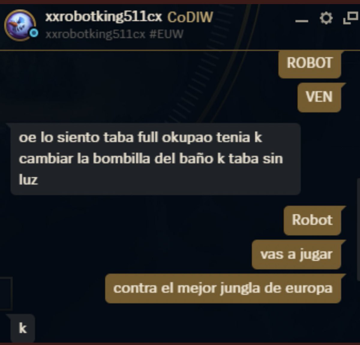 IbaiLlanos's tweet photo. RobotKing, hierro 4 0 puntos, va a jugar en mi streaming contra Jankos, uno de los mejores junglas del mundo y ha llegado tarde porque estaba cambiando una bombilla. Le digo que va a jugar contra Jankos y le suda la polla. 

La vida es maravillosa. https://t.co/13e8qPFi0U